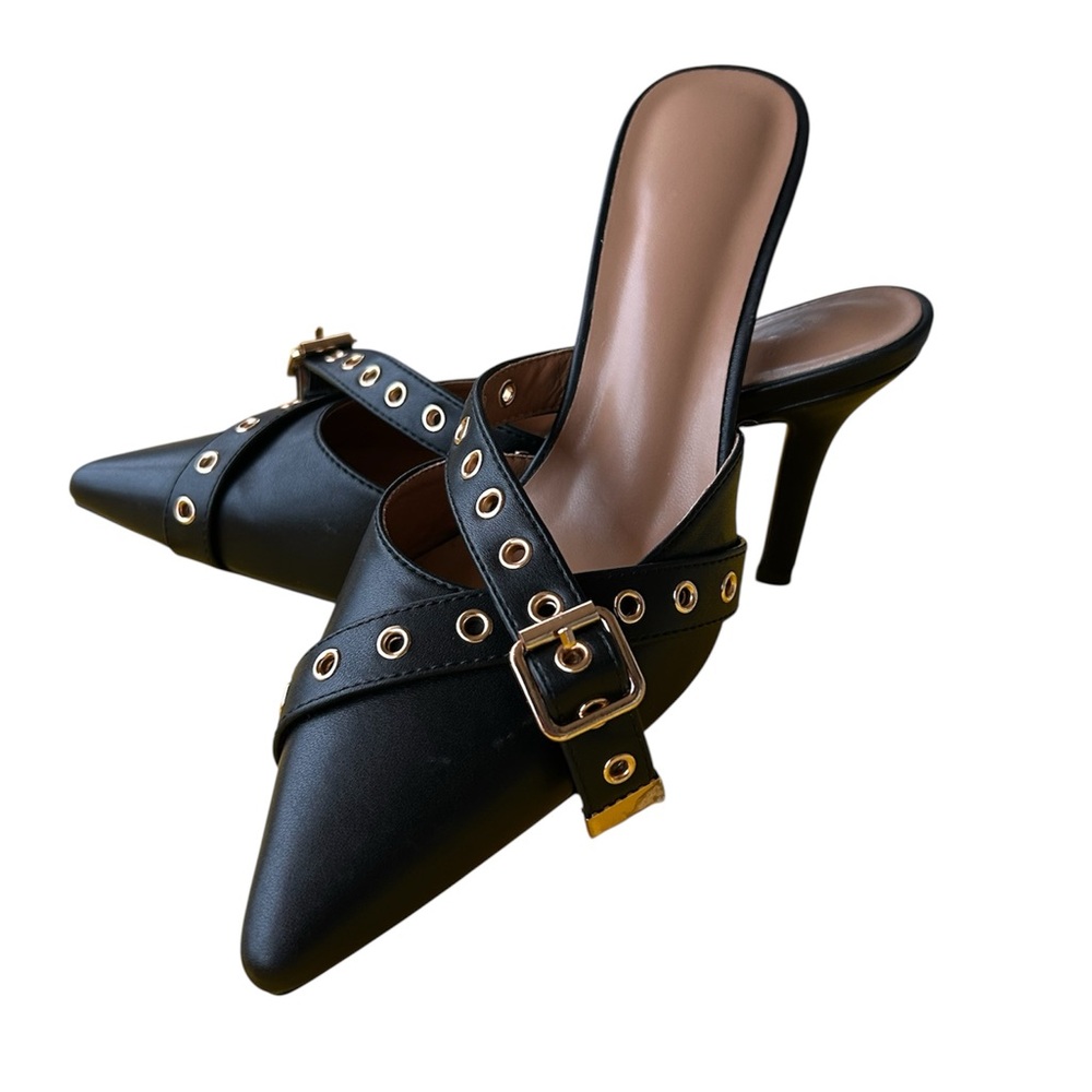 Dsevht Elegant Black leather Stiletto Heels with Gold Accents sz 9 nwot